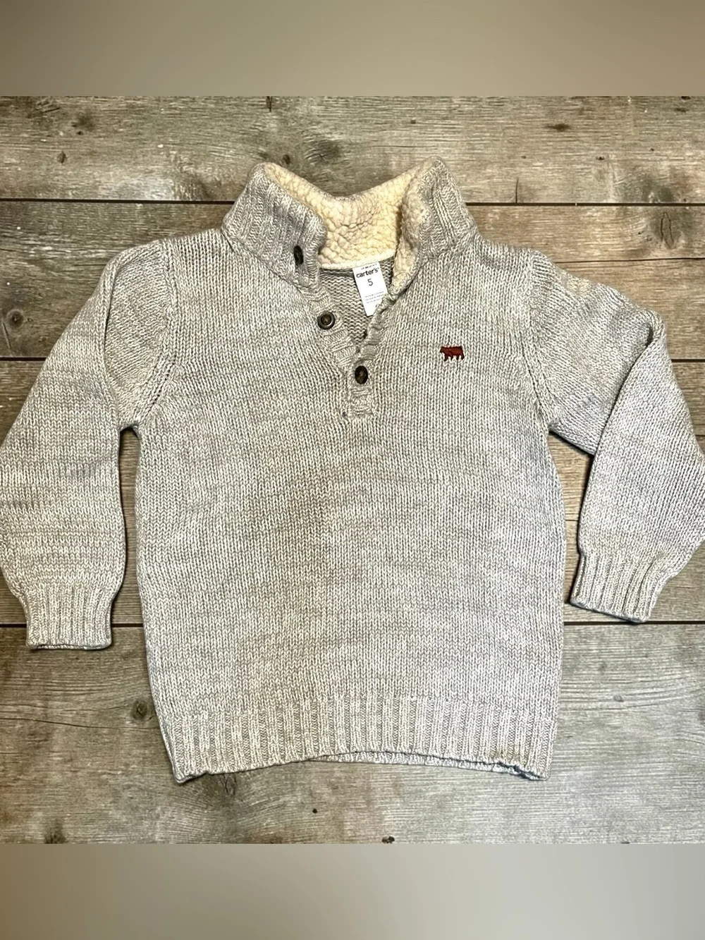 Carter’s Toddler Boy Gray Knit Mock Neck Sweater Sherpa Bear Size 5 Pullover
